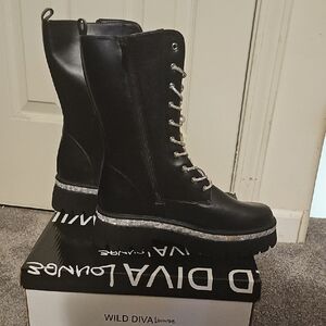 Wild Diva Black Lace Up Boots with Combat Style
